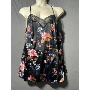 Cacique Chemise Slip Dress Sz 14/16 Black W/Floral Cottage Garden Deadstock